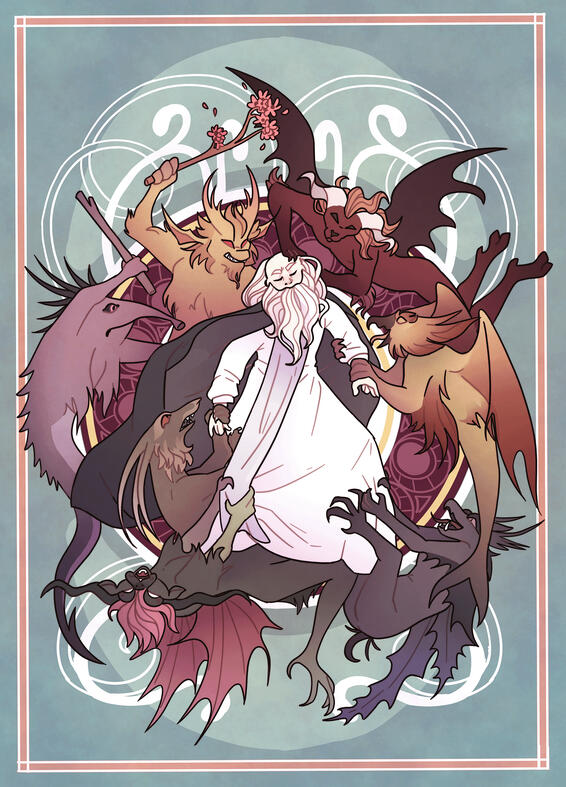 $300 Rendered - simple background - multiple fullbody - redraw of hisorical art in art nouveau style